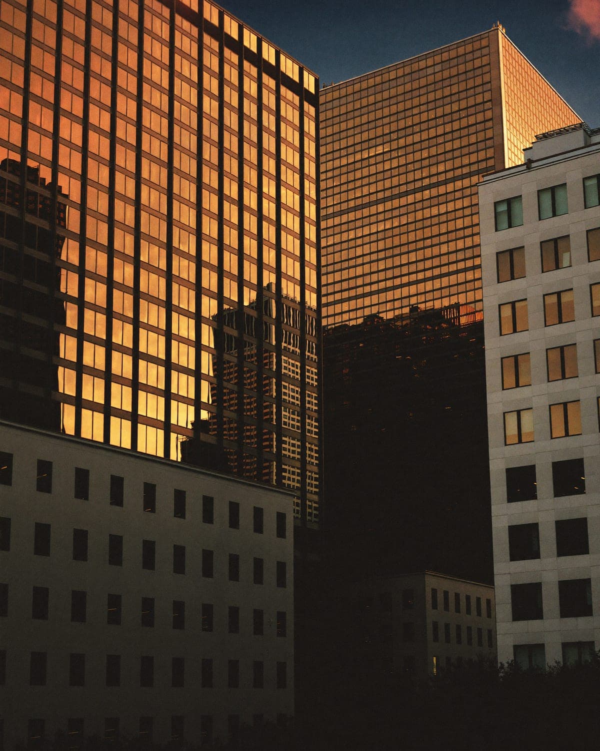 Illustrative image of office towers at sunset, their glass facades reflecting the golden light.