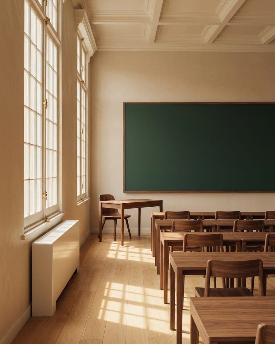 Illustrative image of an empty classic classroom, with wooden desks, a green chalkboard and light coming through tall windows.