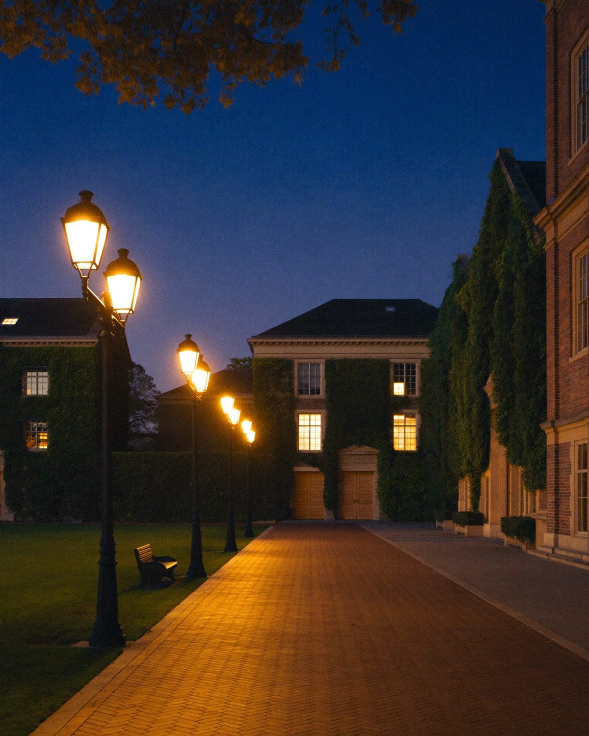 Illustrative image of a university quad at dusk, with lit lamp posts along a brick path and ivy-covered buildings.
