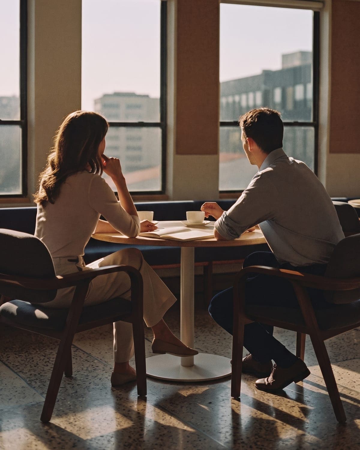 Illustrative image of two people talking at a small lounge table, coffee and open notebooks between them, seen from behind against late afternoon windows.