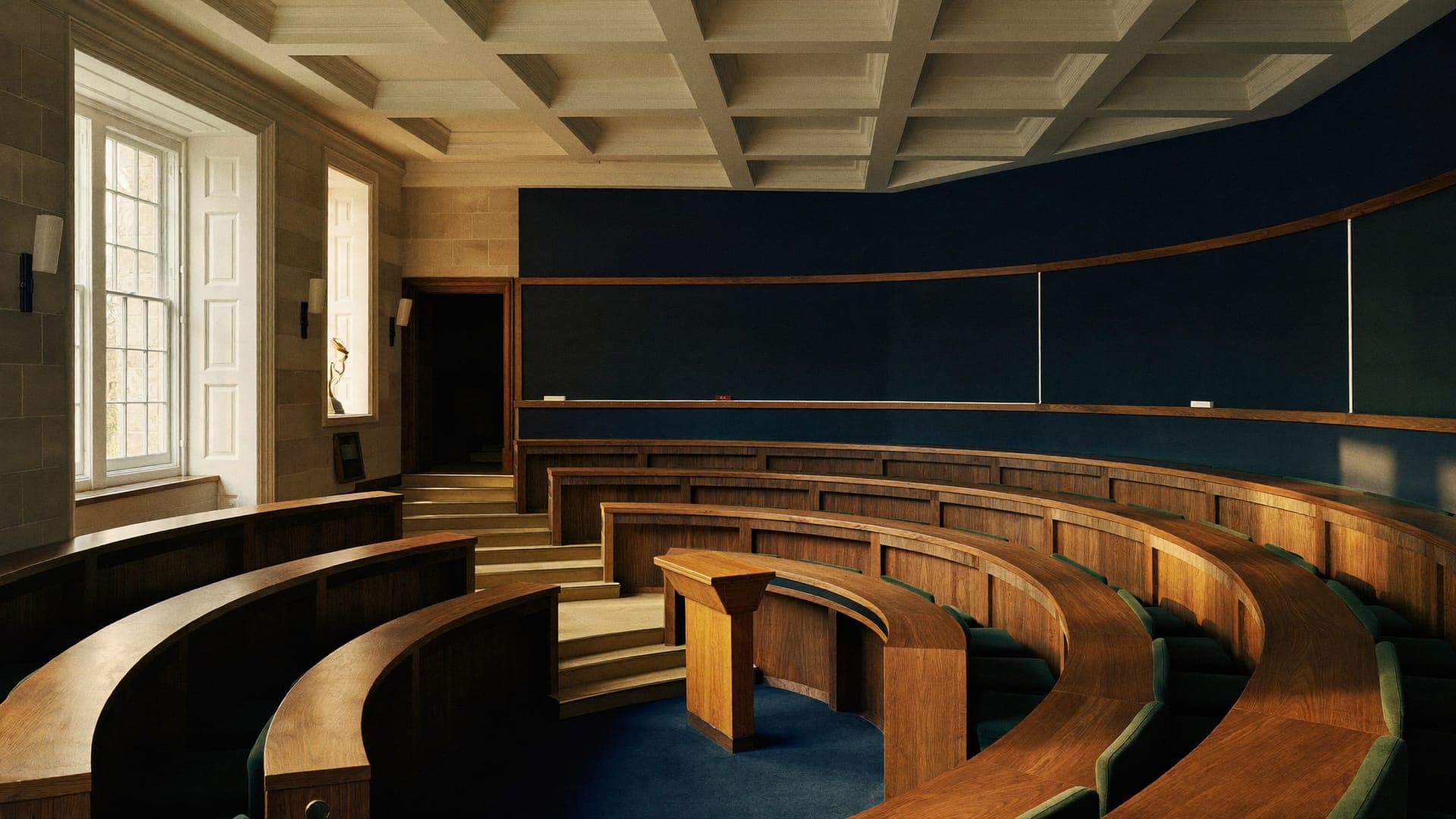 Illustrative image of an empty tiered lecture hall, with semicircular wooden benches and navy walls.